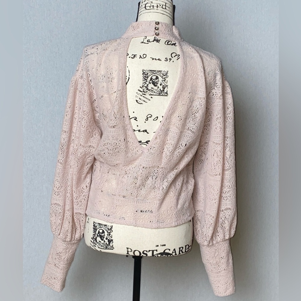 Free People Blush Pink Lace Mock Neck Top Balloon Sleeve Sheer Knit Boho L - Picture 7 of 13
